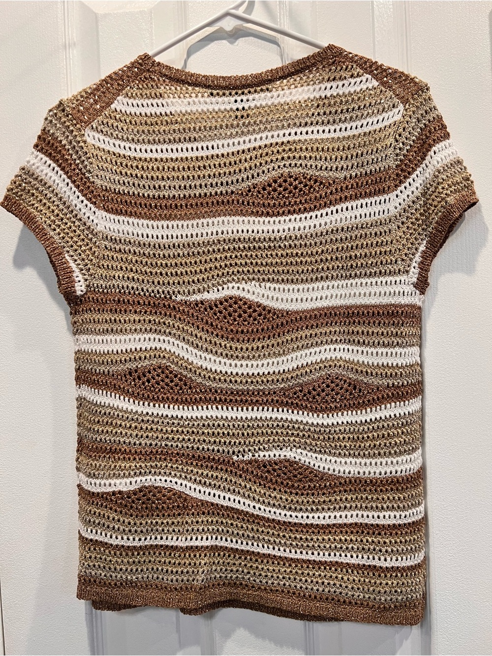 White House Black Market Open Knit Metallic Striped Short Sleeve Sweater M Boho - Picture 3 of 7